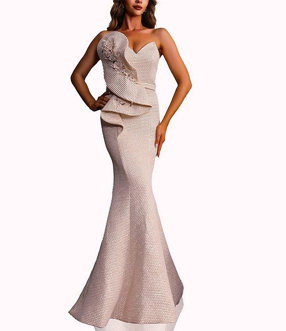 Terani Couture Sweetheart Neck 3D Ruffle Metallic Jacquard Mermaid Dress Product Image