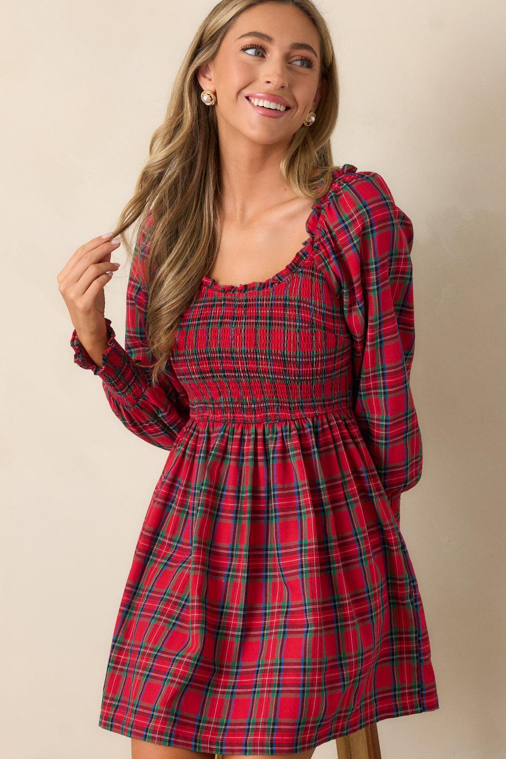 Dance With Me Cotton Red Plaid Long Sleeve Mini Dress Product Image