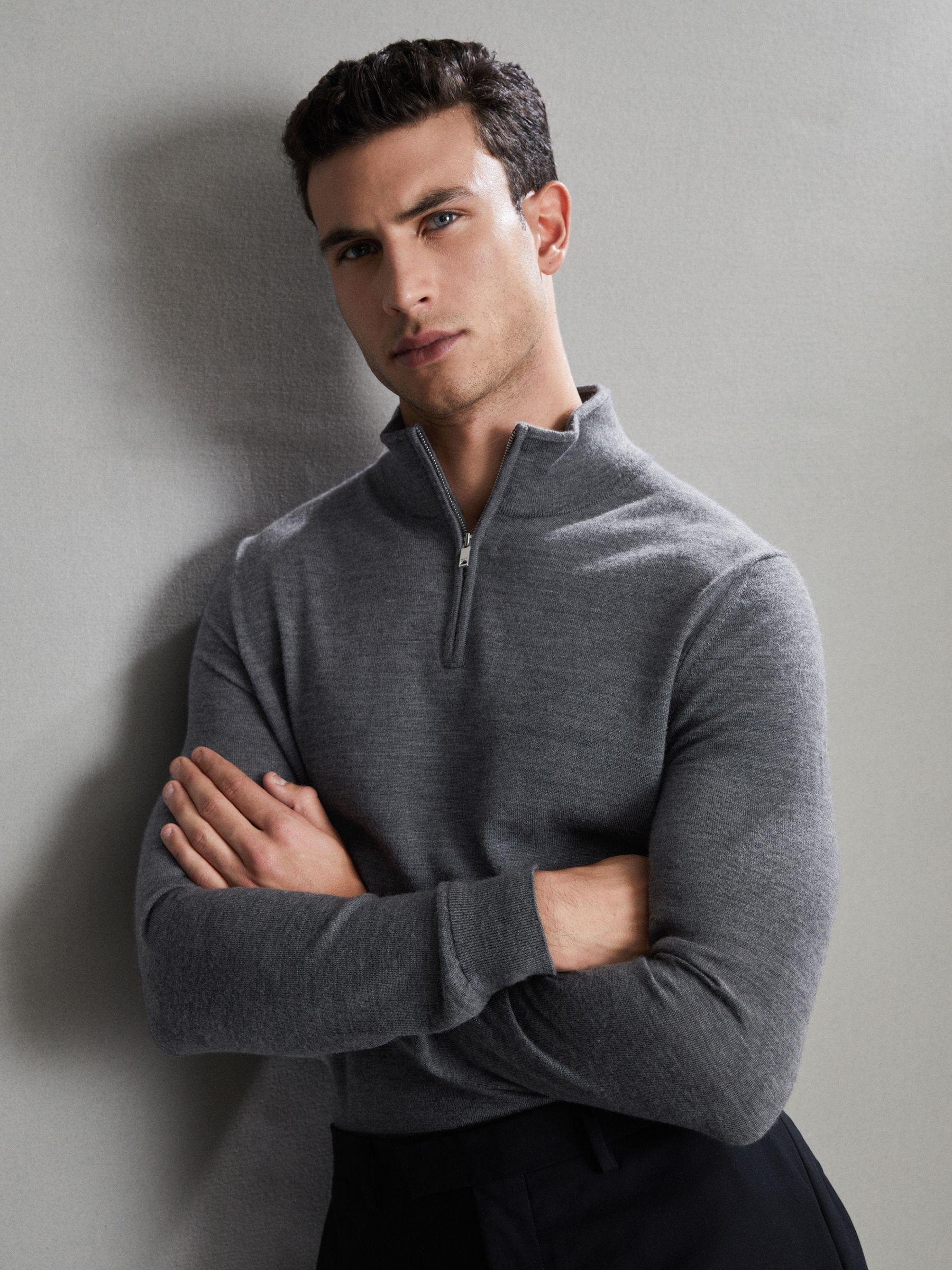 Merino Wool Half-Zip Polo Shirt in Mid Grey Melange Product Image