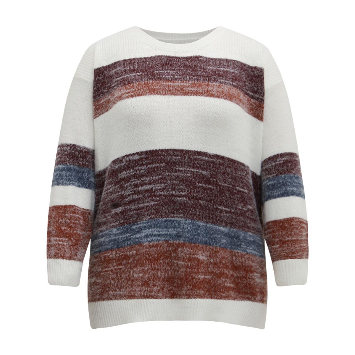 Plus Size Colorblock Fuzzy Drop Shoulder Pullover Multicolor Women Casual Loose Long Sleeve Round Neck Dailywear Pullovers BloomChic 18-20/2X Product Image