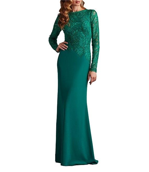 Tadashi Shoji Round Neck Illusion Long Sleeve Asymmetrical Leaf Embroidered Crepe Sheath Gown Product Image