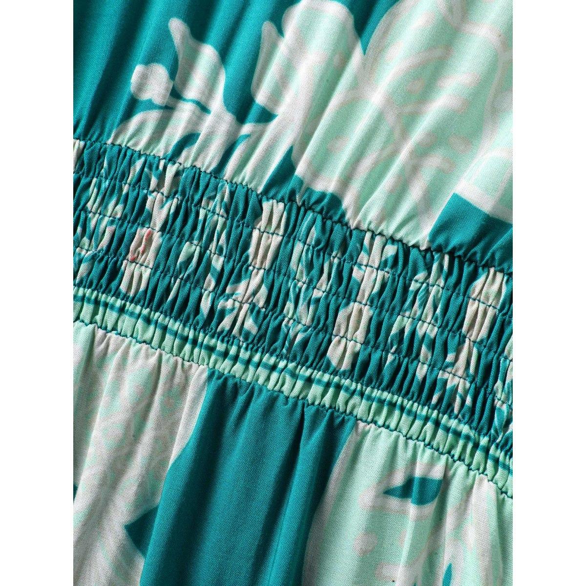 Plus Size LightGreen Rayon Tropical Leaf Button Detail Breezy Jumpsuit Women Resort Short sleeve V-neck Vacation Loose Jumpsuits BloomChic 28/5X Product Image