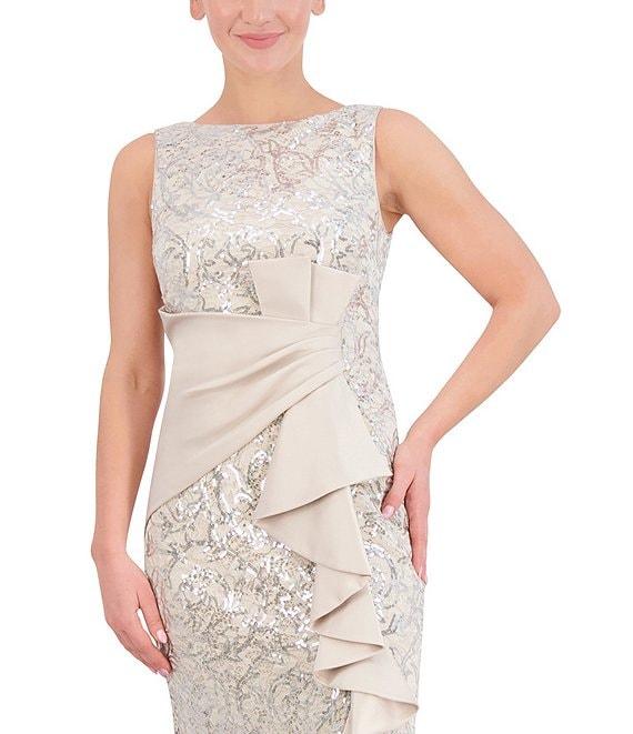 Eliza J Sequin Lace Boat Neck Sleeveless Ruffle Front Slit Gown Product Image