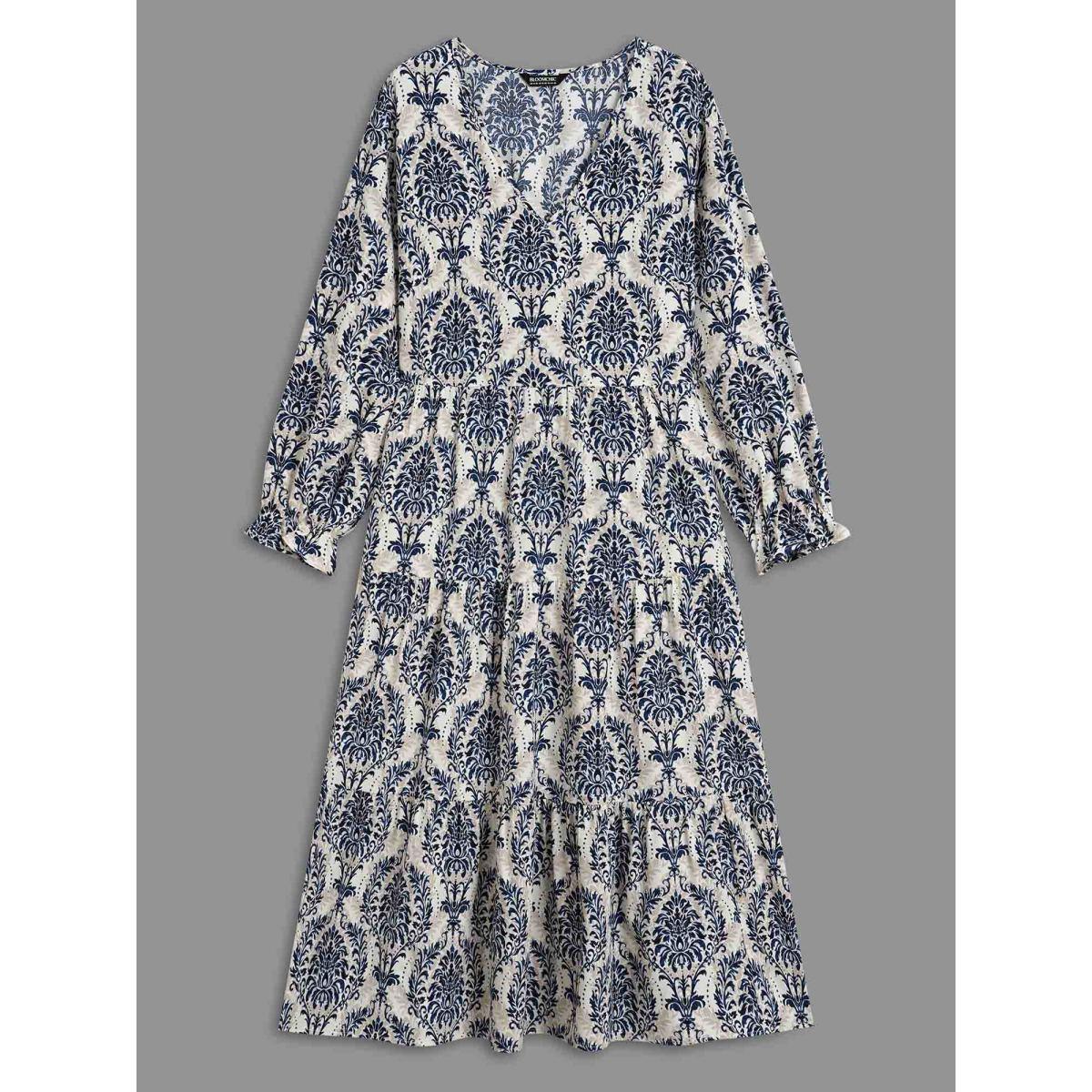 Plus Size V Neck Boho Print Ruffles Maxi Dress DarkBlue Women Resort Ruffles V-neck Long Sleeve Curvy BloomChic 28/5X Product Image