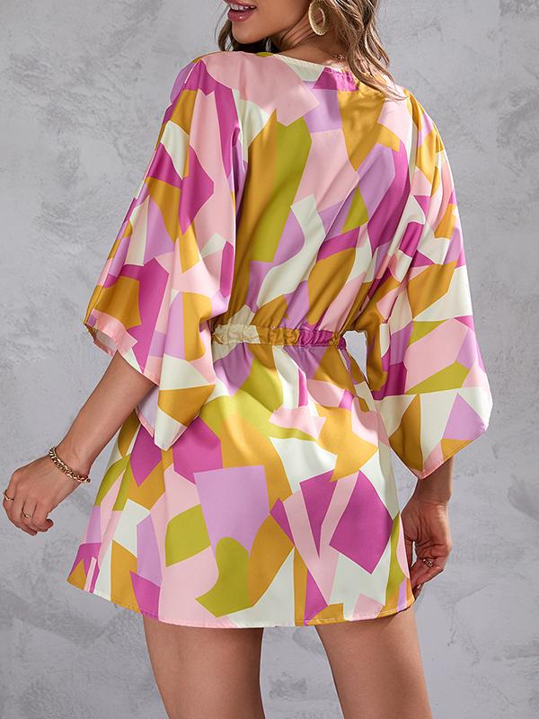 A-Line Half Sleeves Buttoned Drawstring Printed V-Neck Mini Dresses Product Image