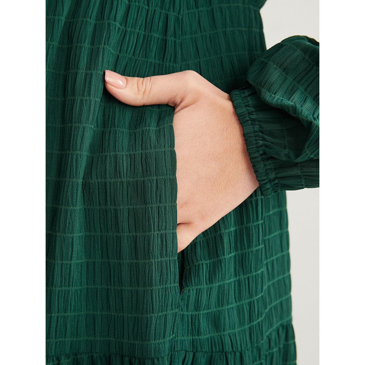 Plus Size Solid V Neck Lantern Sleeve Pocket Gingham Flutter Dress DarkGreen Women Elegant Pocket V-neck Long Sleeve Curvy Midi Dress BloomChic 22-24/3X Product Image