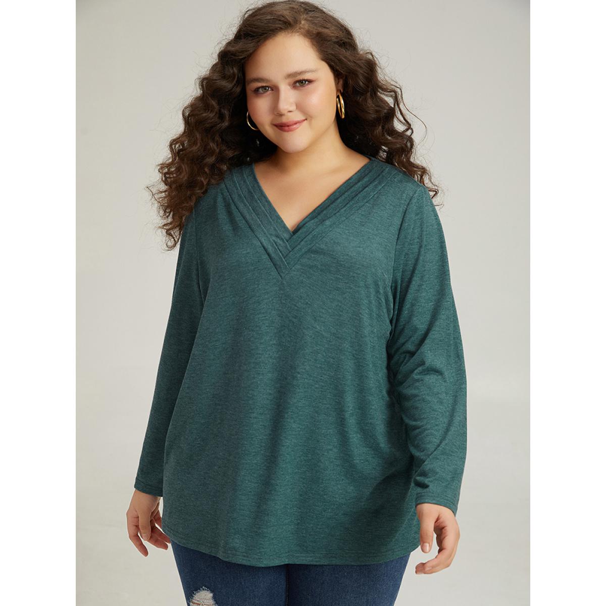 Plus Size Plain Heather Pleated V Neck T-shirt DarkGreen Women Casual Plain Plain V-neck Dailywear T-shirts BloomChic 12/L Product Image