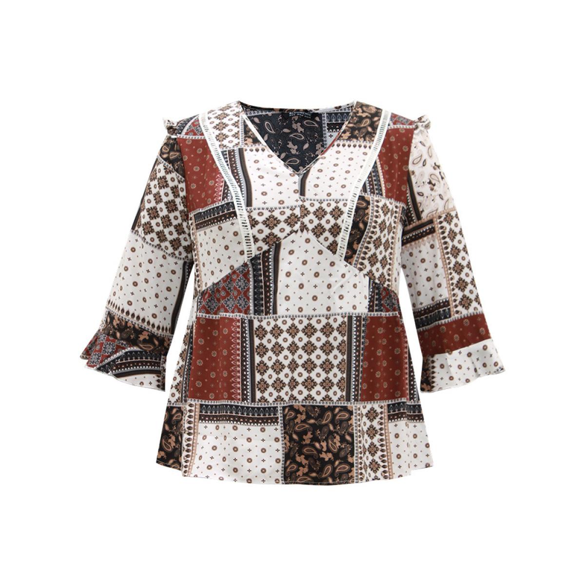 Plus Size Scarlet Moroccan Print Lace Panel Ruffles Frill Trim Blouse Women Vacation Elbow-length sleeve V-neck Vacation Blouses BloomChic 12/L Product Image