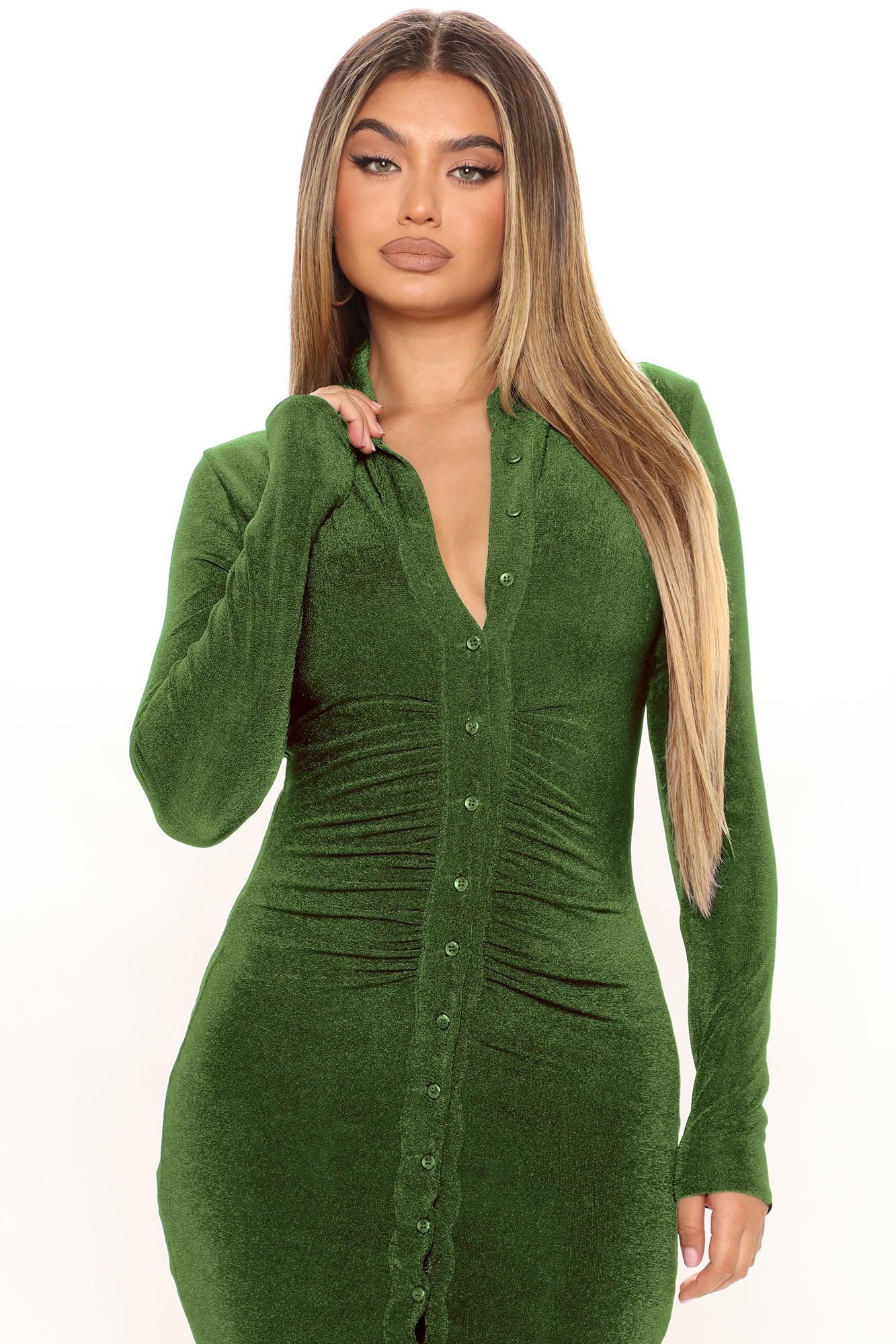 Silky Smooth Long Sleeve Slinky Dress - Olive Product Image