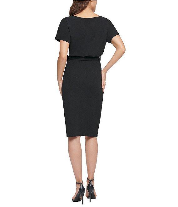 Kensie Textured Knit Boat Neck Self-Tie Waist Faux Wrap Blouson Dress Product Image