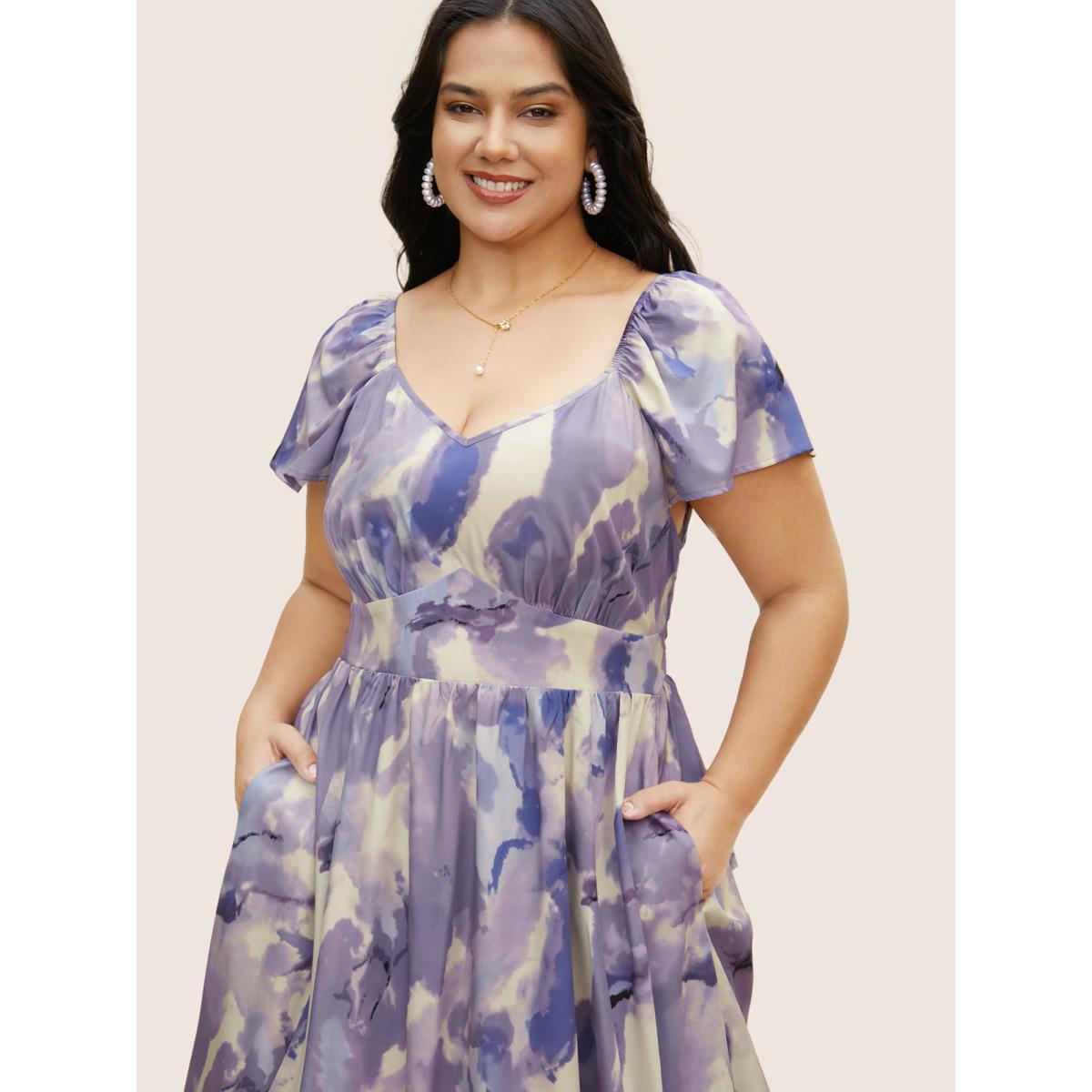 Plus Size Watercolor Floral Bubble Hem Pockets Dress DarkViolet Women Romantic Gathered Heart neckline Cap Sleeve Curvy BloomChic 14-16/1X Product Image