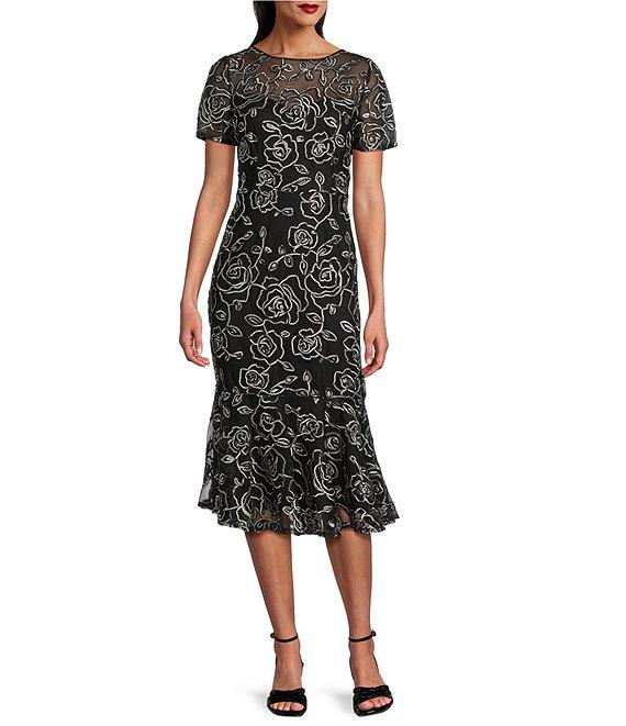 R & M Richards Petite Size Floral Braid Embroidered Soutache Crew Neck Short Sleeve Flounce Hem Midi Dress Product Image