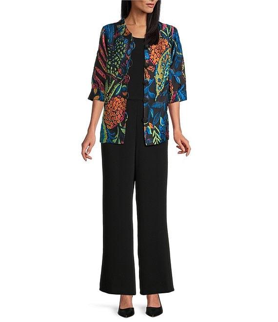 Caroline Rose Jackie Colorful Exotic Print Cloque Mock Collar 3/4 Cuffed Sleeve Button Front Statement Jacket Product Image