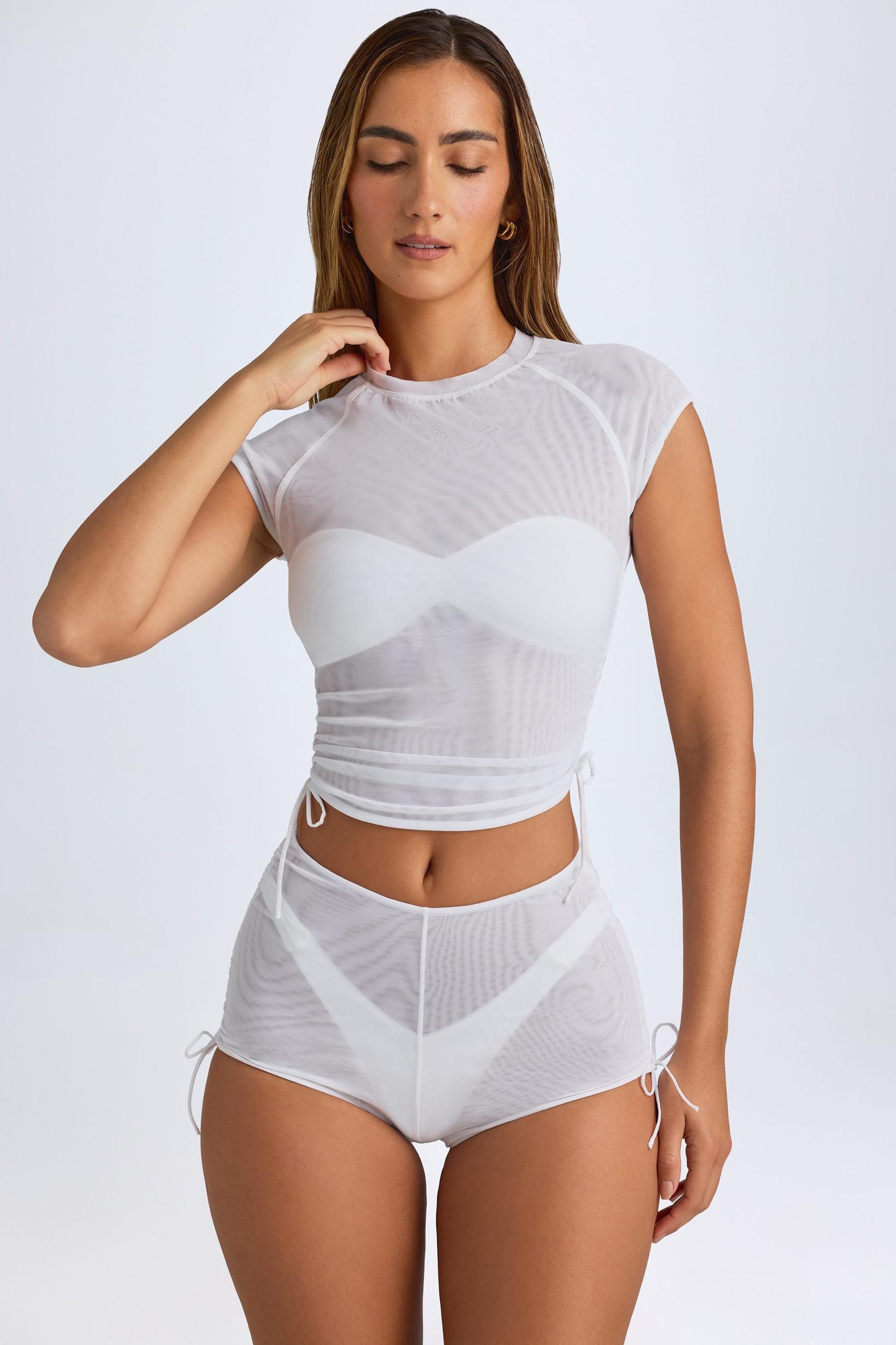 Sheer Ruched Cropped T-Shirt in White Product Image