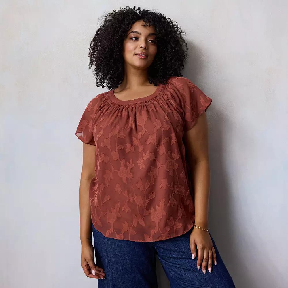 Plus Size LC Lauren Conrad Tie-Front Shirred Neck Top, Women's, Size: 0X, Brown Product Image