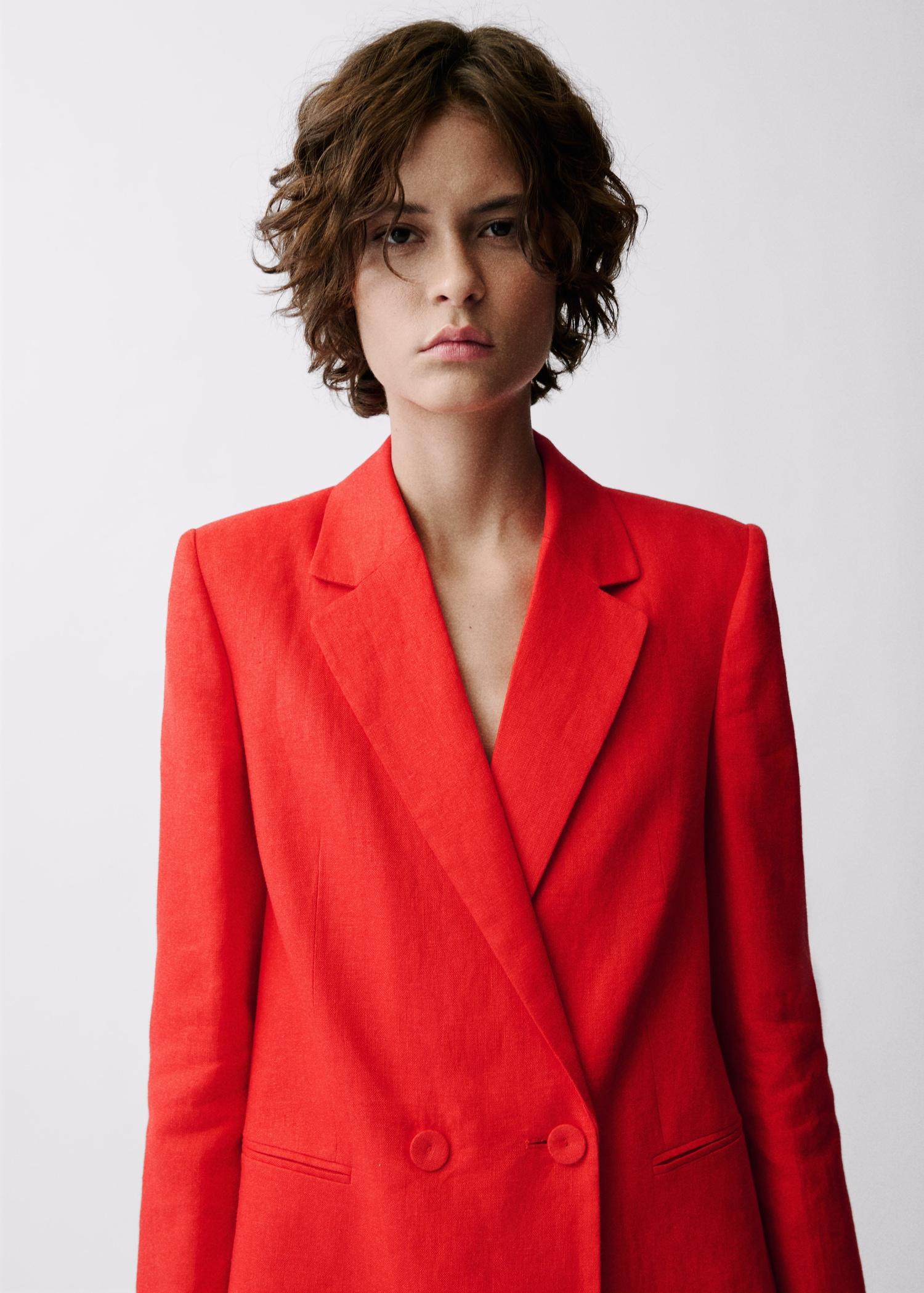Double-breasted linen suit blazer - Women | MANGO USA Product Image
