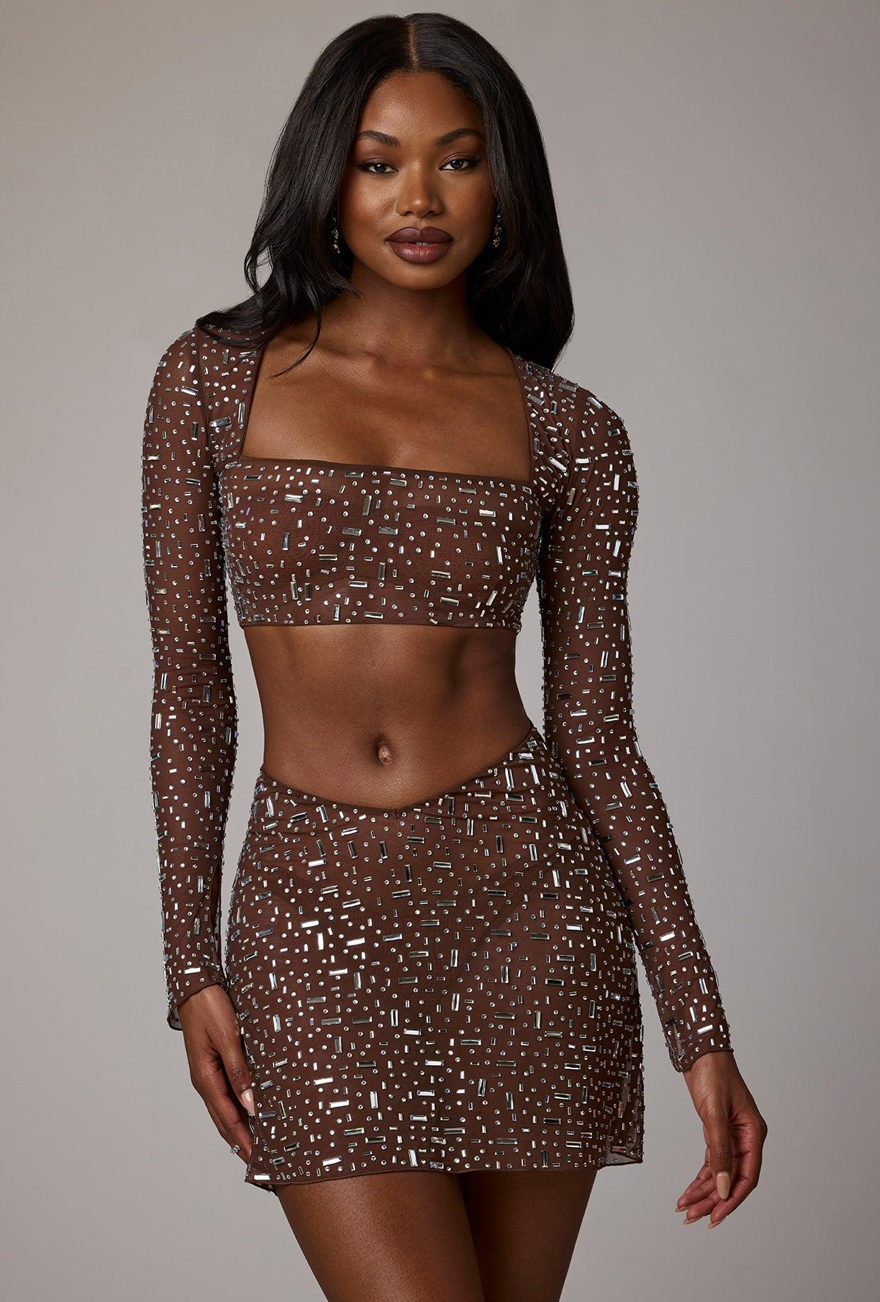 Sheer Embellished Long Sleeve Crop Top in Deep Cocoa Product Image