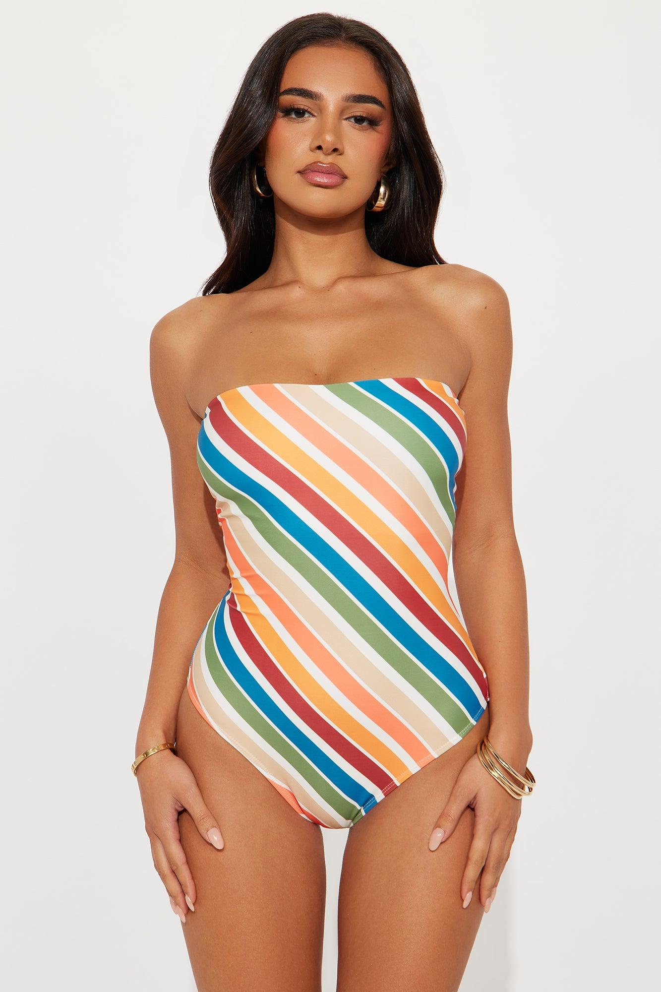 Sylvia Stripe Fringe 1 Piece Swimsuit & Kimono Set - Multi Color Product Image