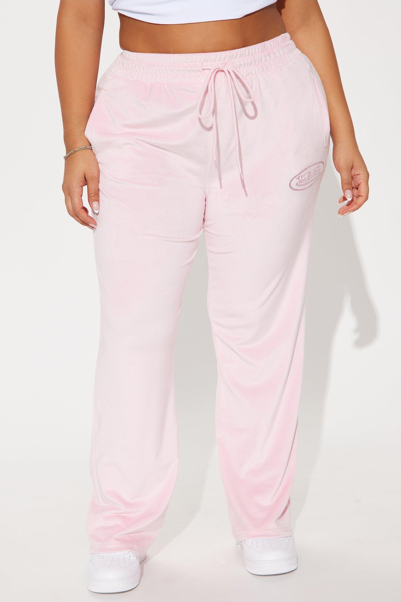 Von Dutch Velour Rhinestone Wide Leg Pant - Pink Product Image