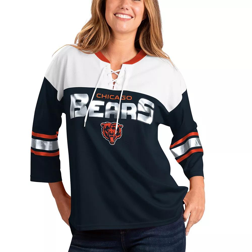 Women's G-III 4Her by Carl Banks Navy/White Chicago Bears Double Team Three-Quarter Sleeve Lace-Up T-Shirt,  Product Image