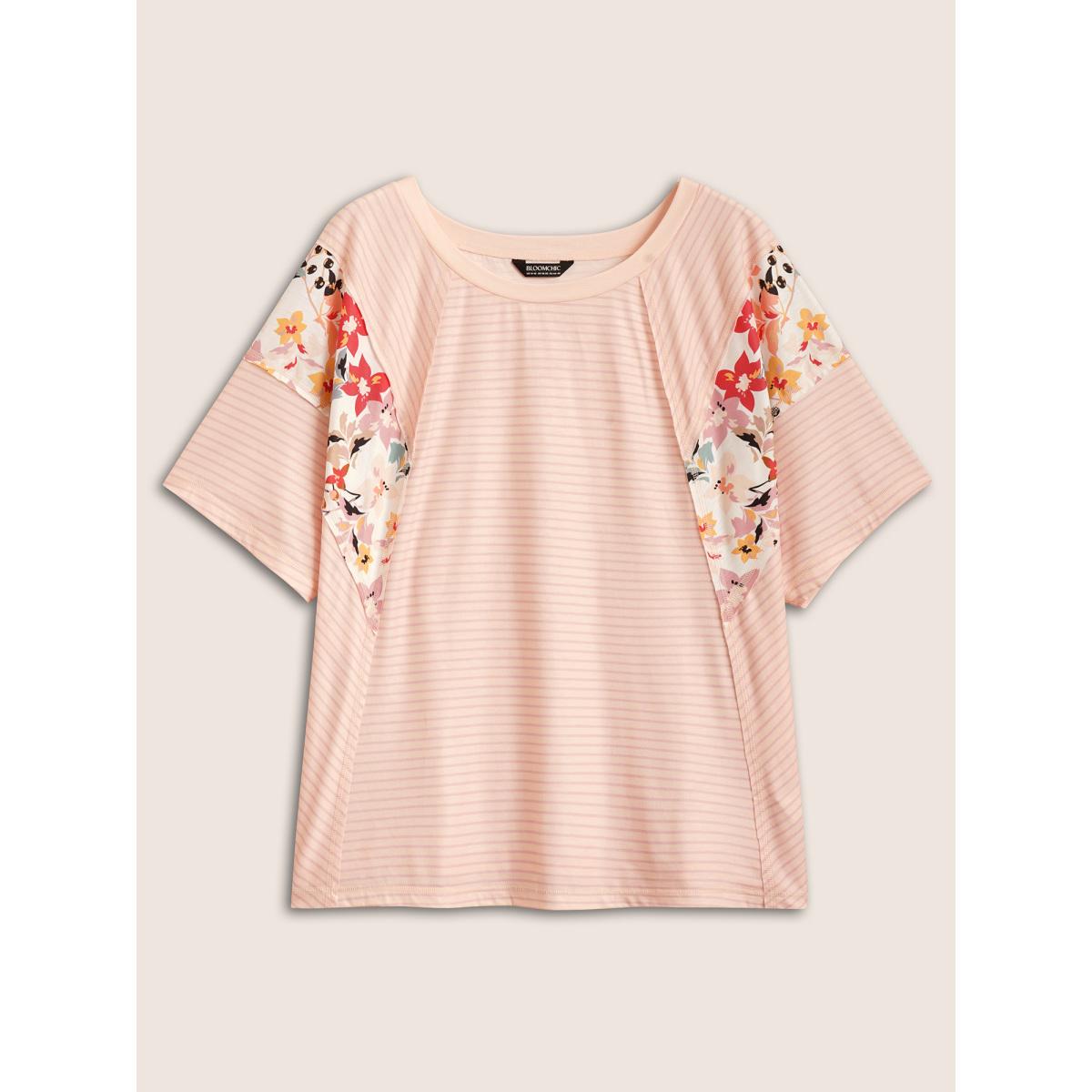 Plus Size Crew Neck Striped Patchwork Floral Print T-shirt MistyRose Women Casual Contrast Natural Flowers Round Neck Everyday T-shirts BloomChic 30/6X Product Image