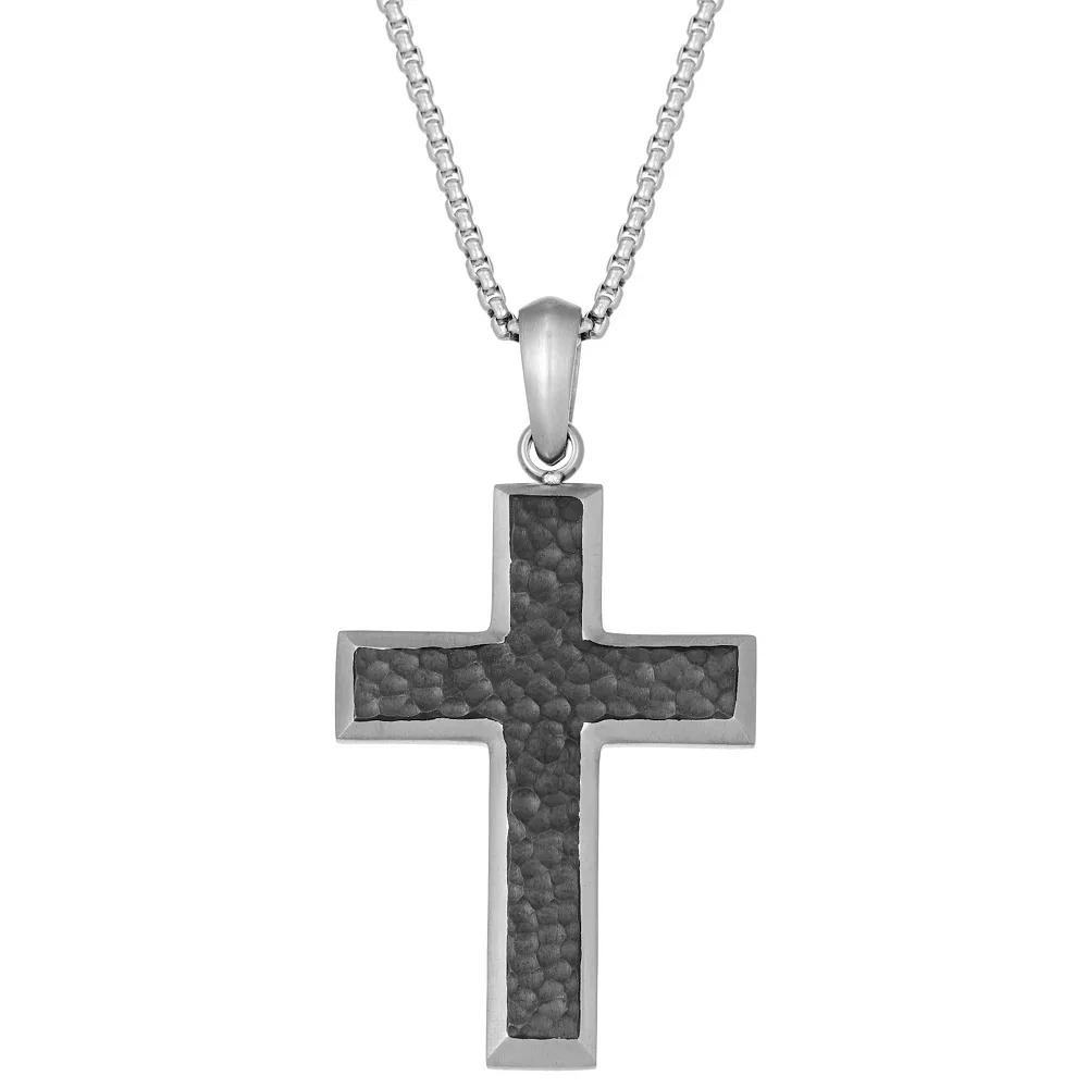 Men's LYNX Black Ion-Plated Stainless Steel Hammered Cross Pendant Necklace, Size: 24" Product Image