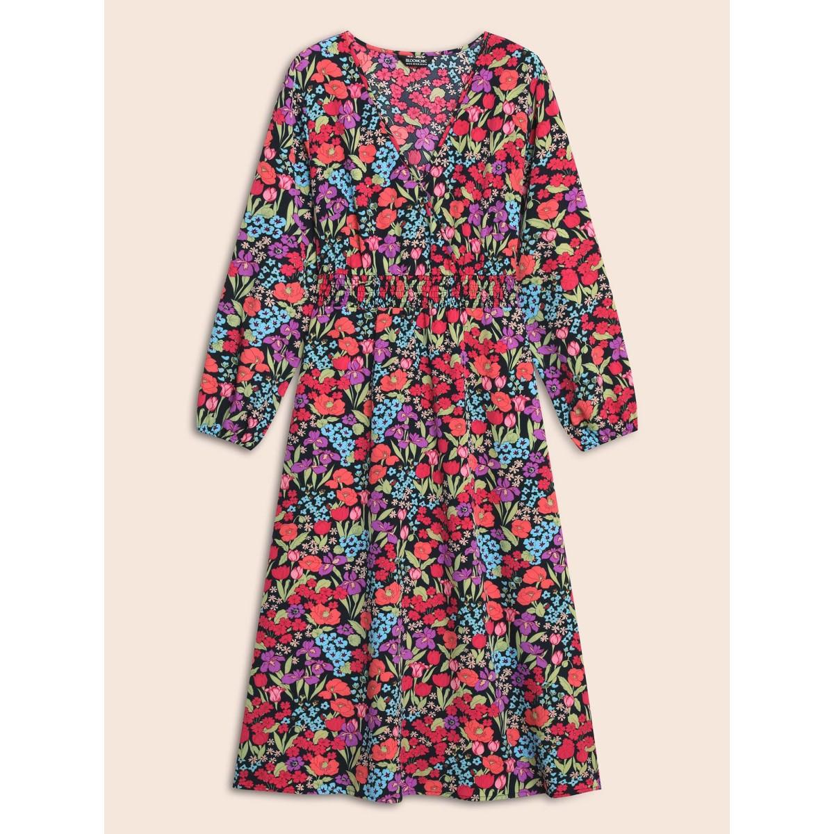 Plus Size Floral Overlap Collar Shirred Dress BlackFlower Women Elegant Shirred Overlap Collar Long Sleeve Curvy BloomChic 22-24/3X Product Image