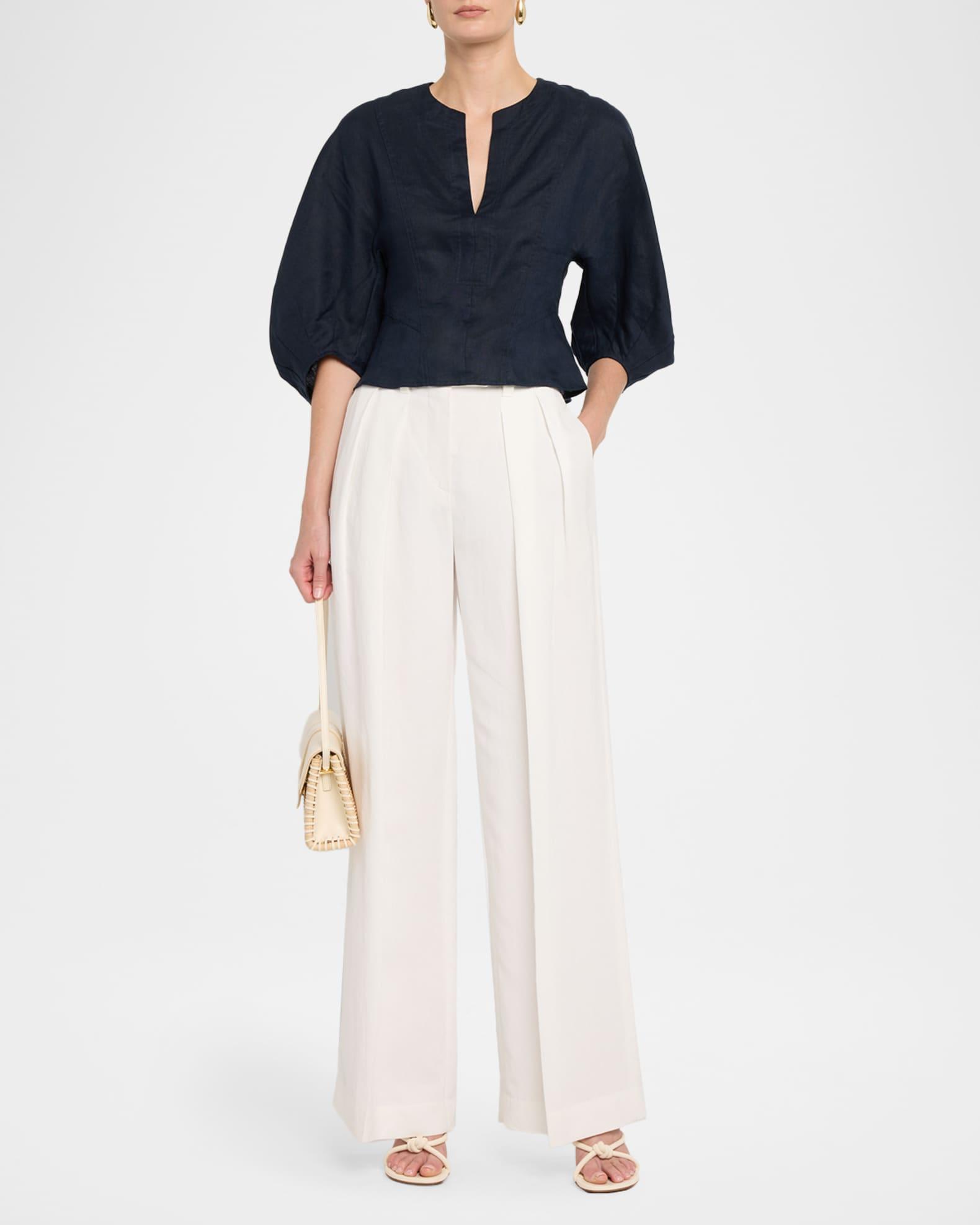 Remi Cropped Blouson-Sleeve Linen Blouse Product Image