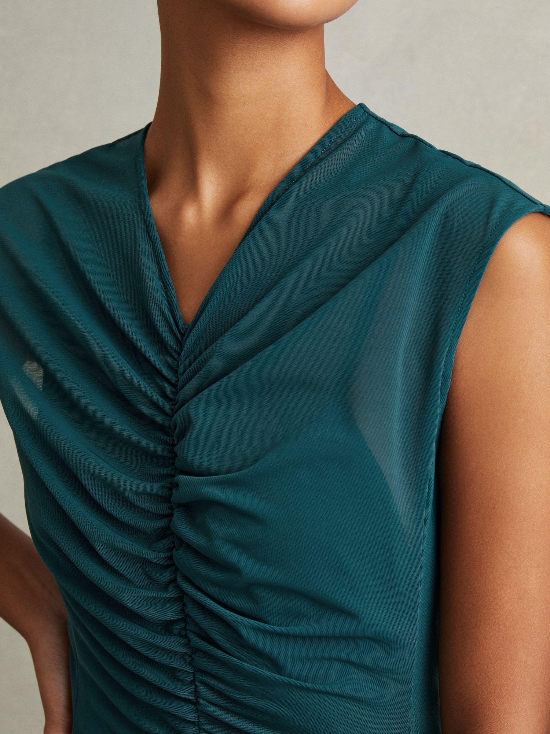 Mesh Ruched Midi Dress in Teal Product Image