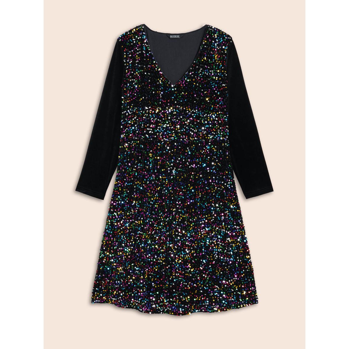 Plus Size V Neck Sequin Patchwork Dress Black Women Cocktail Texture Party Curvy Bloomchic 10/M Product Image