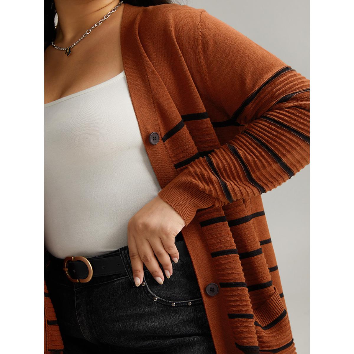 Plus Size Striped Button Down Patched Pocket Cardigan Rust Women Casual Loose Long Sleeve Everyday Cardigans BloomChic 10/M Product Image