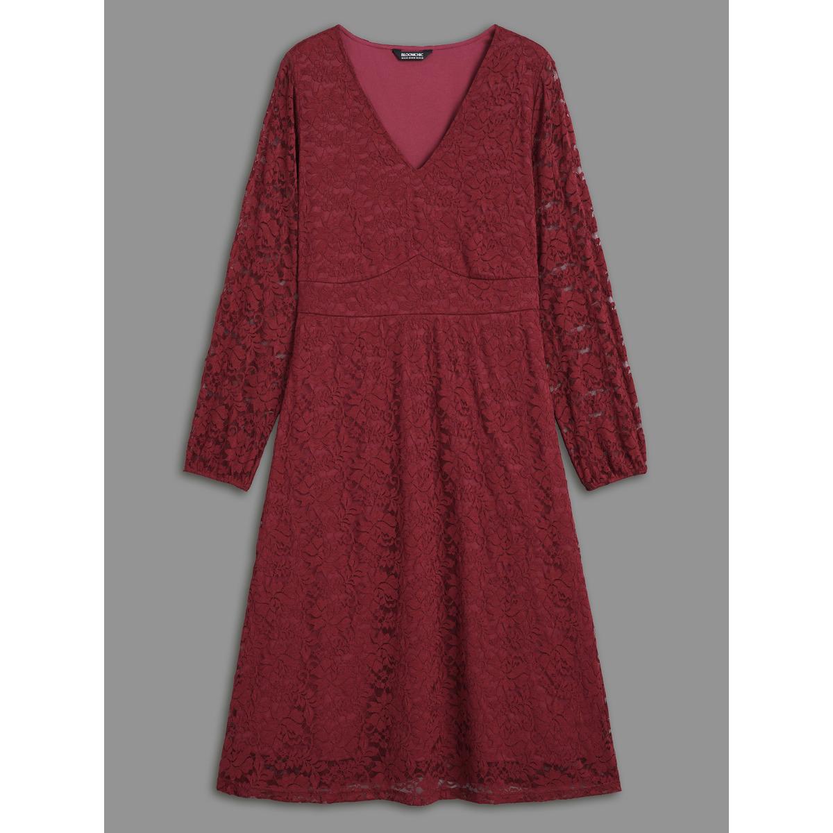Plus Size Solid Lace Patchwork Lantern Sleeve Dress Burgundy Women Cocktail Woven ribbon&lace trim Party Curvy Bloomchic 30/6X Product Image