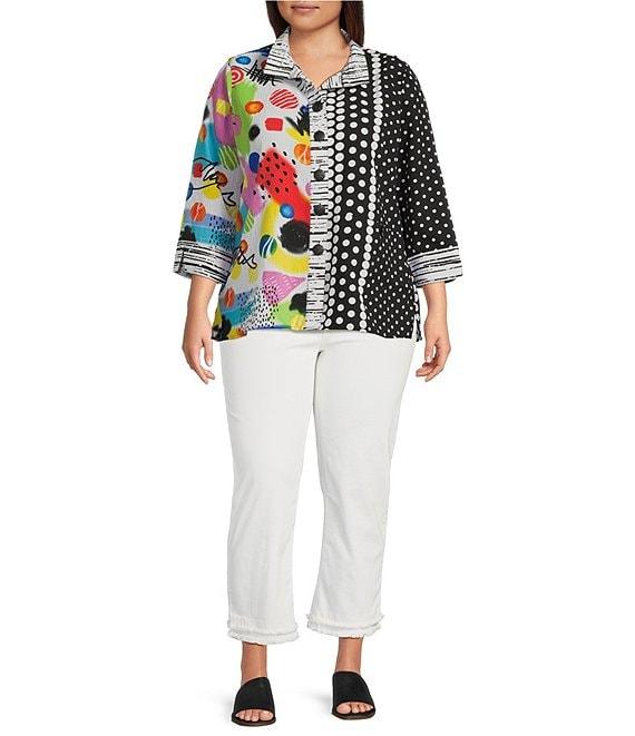 Ali Miles Plus Size Woven Printed Wire Collar 3/4 Sleeve Button Front Tunic Product Image