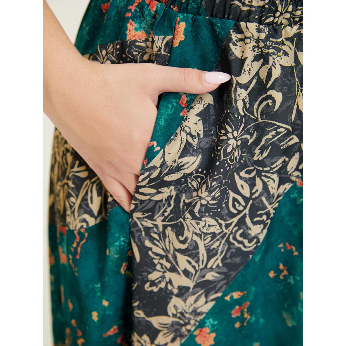 Plus Size Floral Contrast Pocket Knot Front Skirt Women Multicolor Elegant Contrast No stretch Pocket Dailywear Skirts BloomChic 12/L Product Image