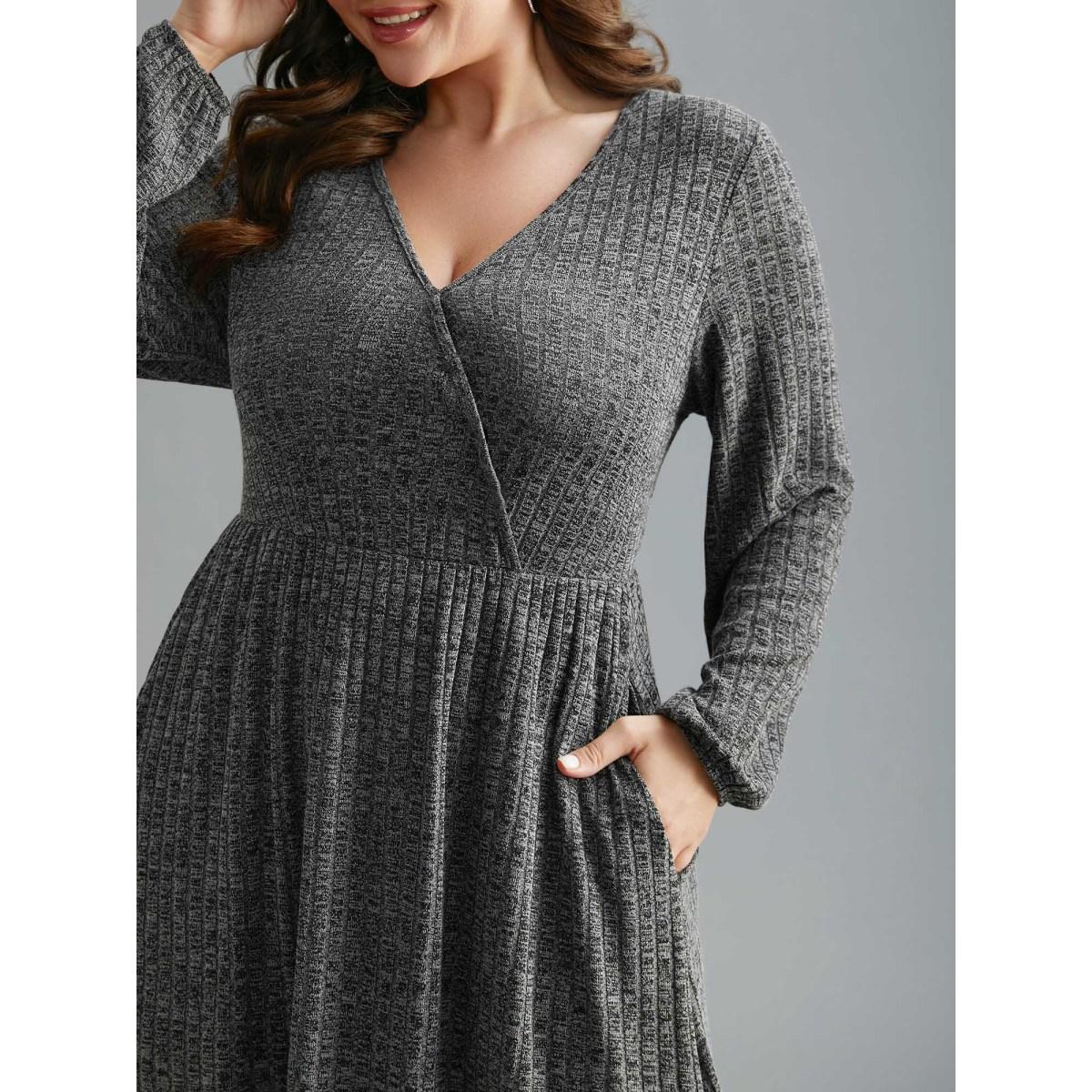 Plus Size Pit Strip Overlap Collar Midi Dress DarkGray Women Casual Texture Knit Dresses Bloomchic 10/M Product Image
