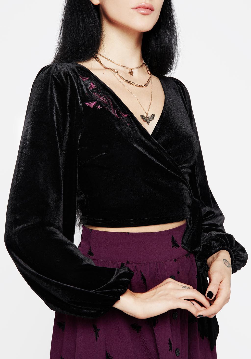 Styx Moth Embroidered Velour Wrap Top Product Image