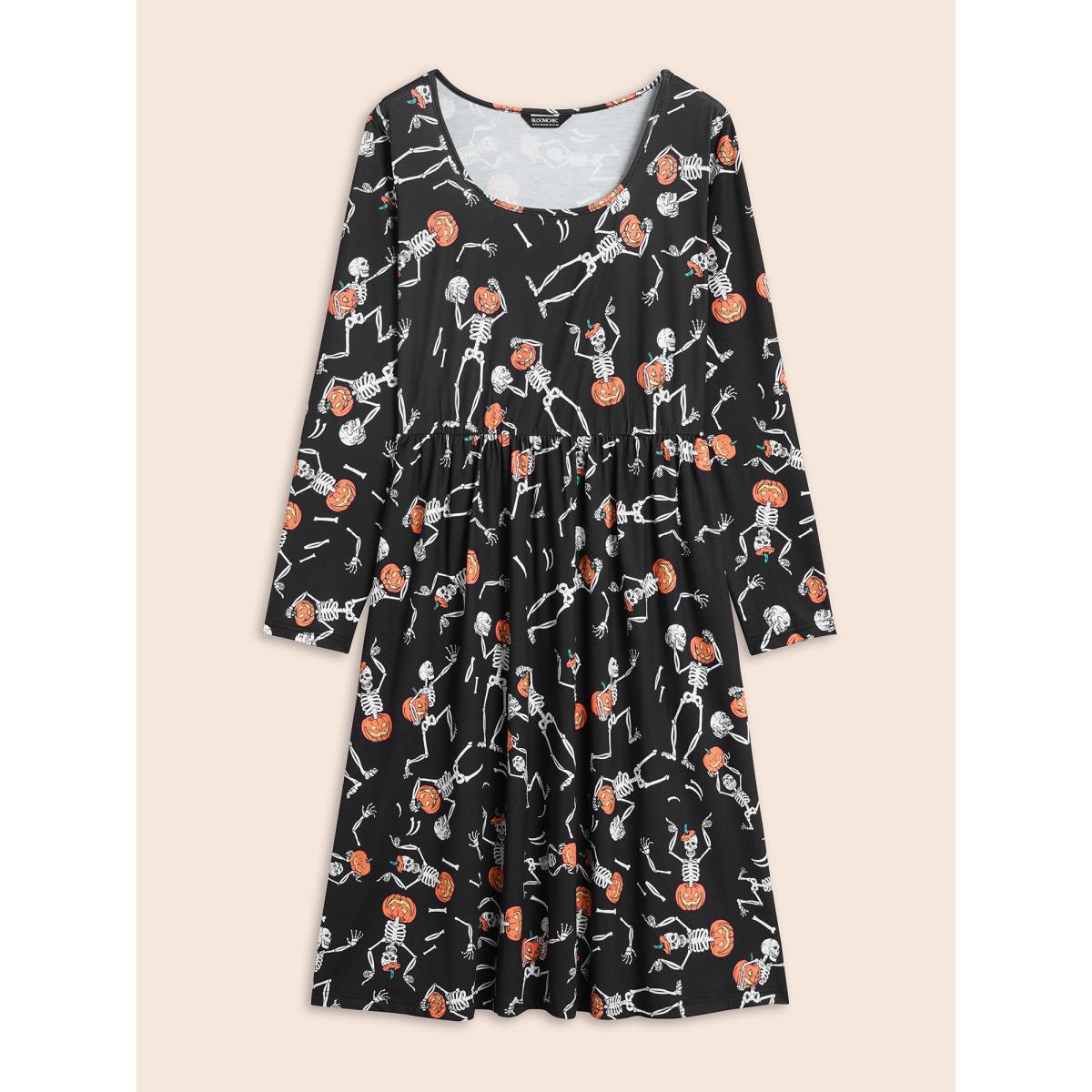 Plus Size Pumpkin Skeleton Elastic Waist Midi Dress Black Women Cocktail Non Party Curvy Bloomchic 10/M Product Image