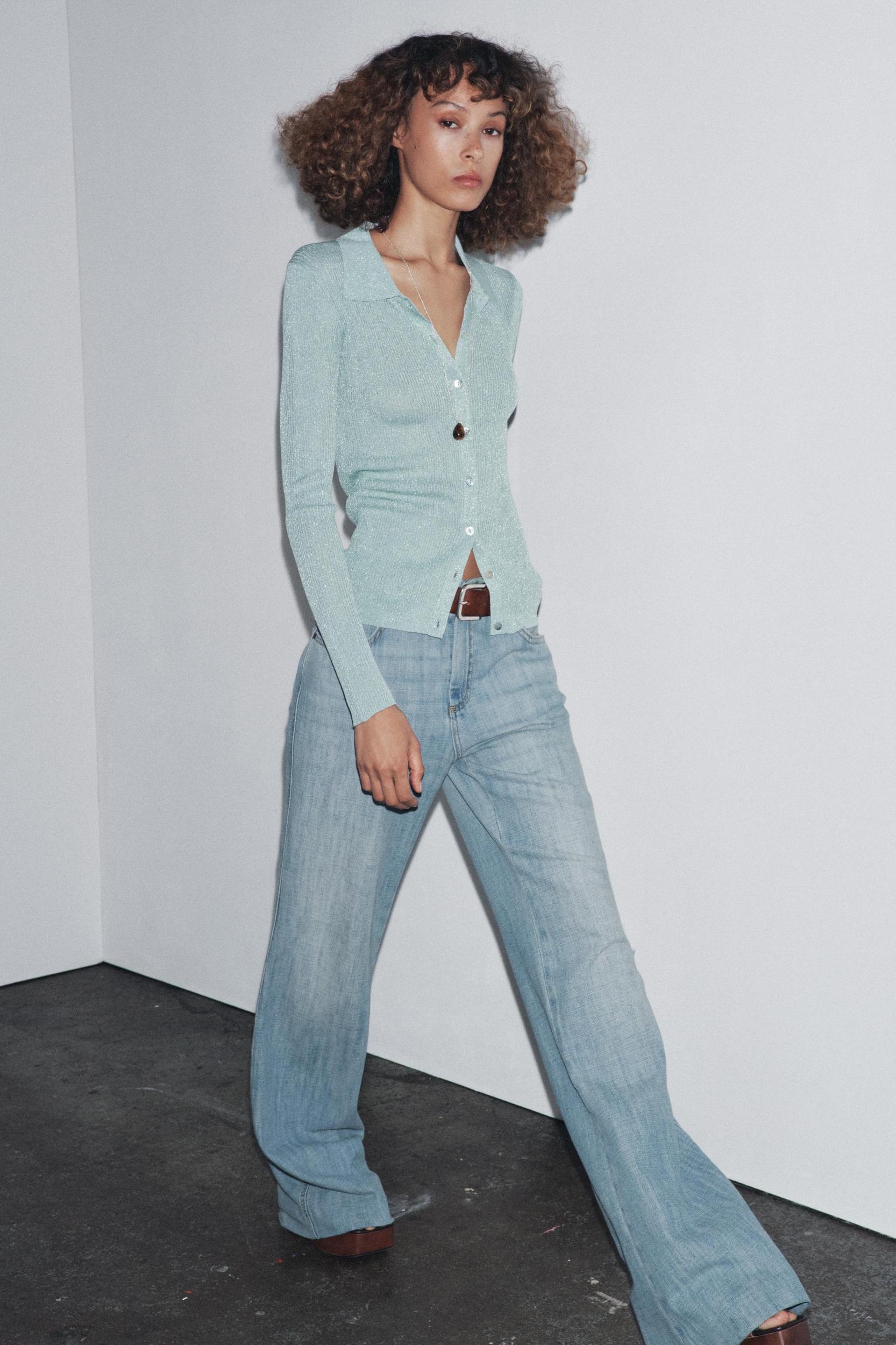 METALLIC THREAD KNIT POLO TOP Product Image