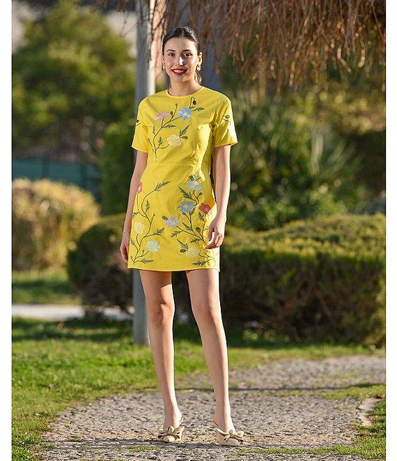 Fanm Mon Joe Floral Embroidered Crew Neck Short Sleeve Mini Dress Product Image