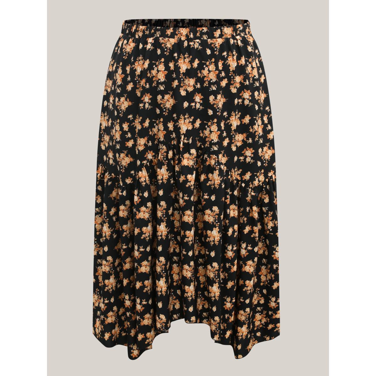 Plus Size Ditsy Floral High Low Hem Midi Skirt Women Black Asymmetrical Loose No stretch Side seam pocket Everyday-Elegant Skirts BloomChic 26/4X Product Image