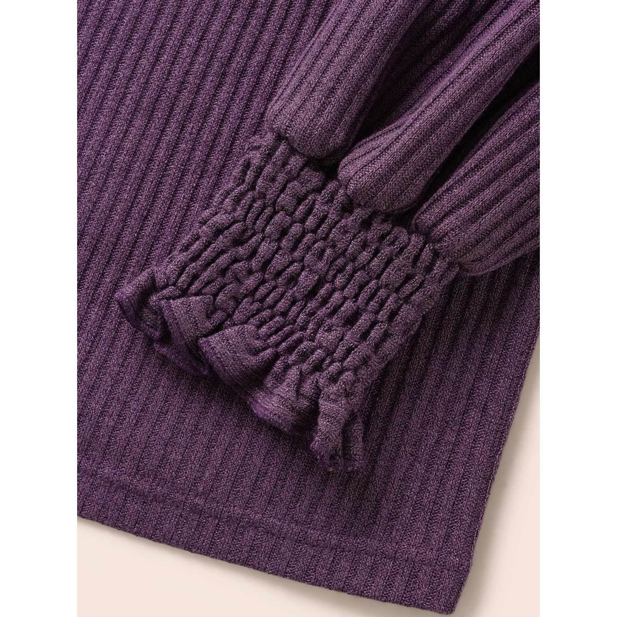 Plus Size Solid Rib Knit Lantern Sleeve Shirred T-shirt Mauve Women Casual Texture V-neck Everyday T-shirts BloomChic 18-20/2X Product Image