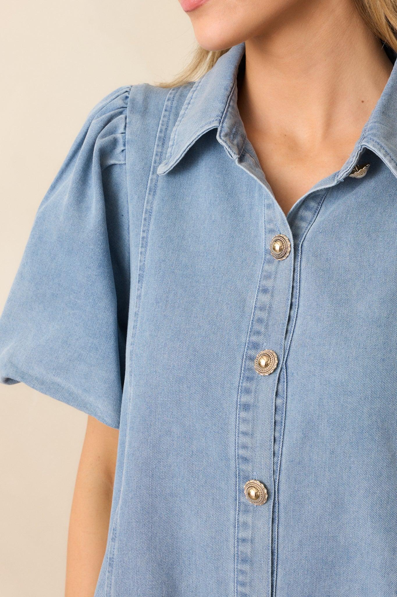More Or Less Light Wash Cotton Denim Puff Sleeve Mini Dress Product Image