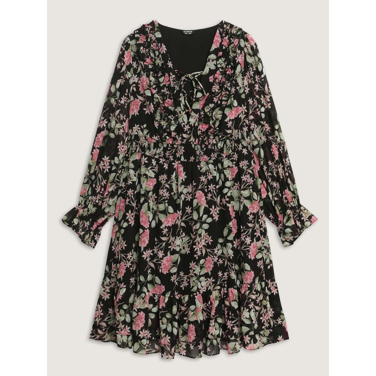 Plus Size Floral Pockets Adjustable Shirred Midi Dress BlackFlower Women Timeless V-neck Long Sleeve Curvy BloomChic 12/L Product Image