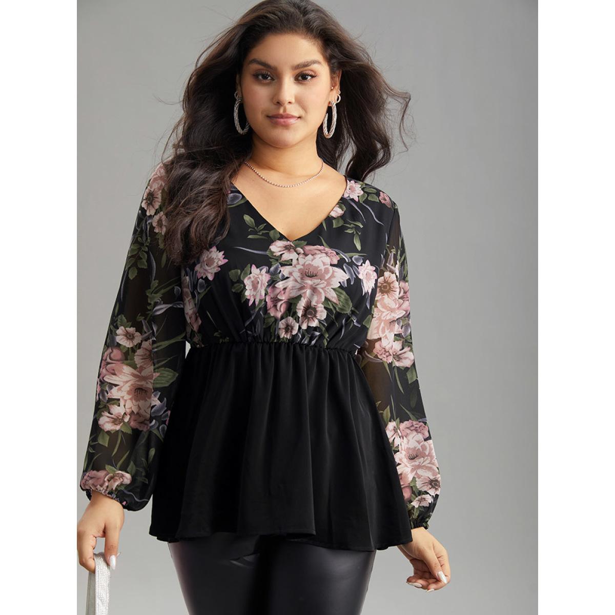 Plus Size Black Floral Print Patchwork Elastic Waist Lantern Sleeve Blouse Women Elegant Long Sleeve V-neck Going out Blouses BloomChic 14-16/1X Product Image