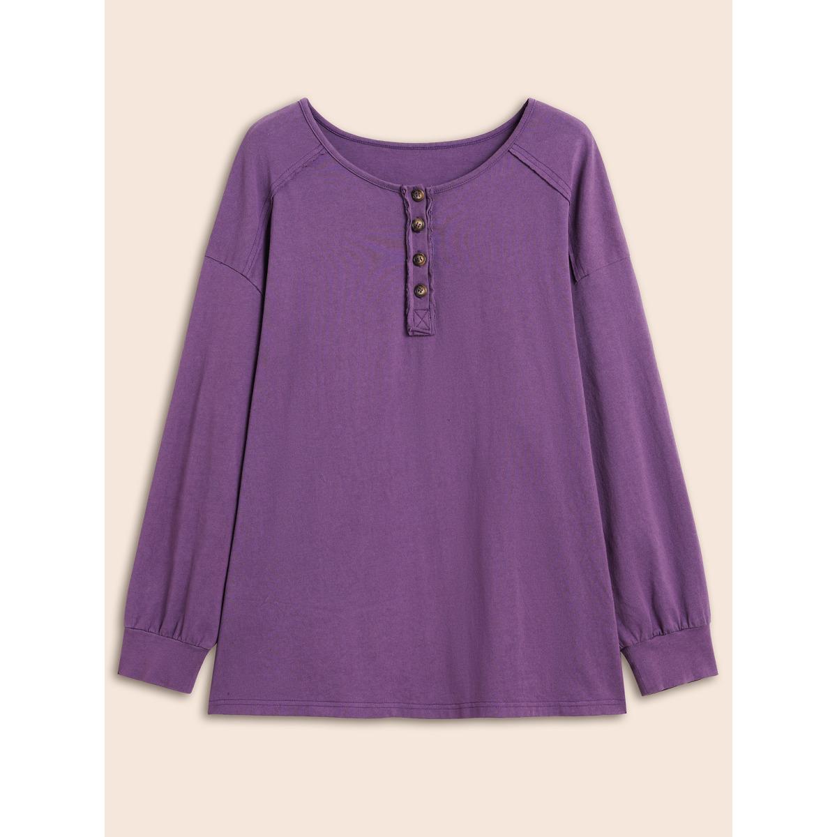 Plus Size Vintage Button Up Drop Shoulder T-shirt Deeppurple Women Casual Button Round Neck Everyday T-shirts BloomChic 14-16/1X Product Image