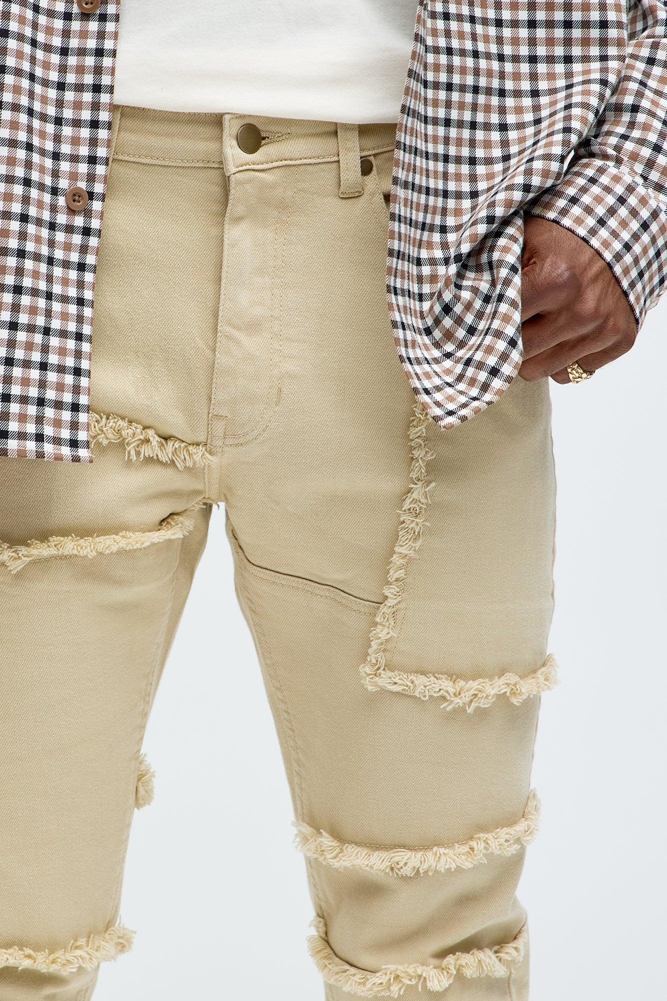 Paneled Frayed Stacked Skinny Pants - Tan Product Image