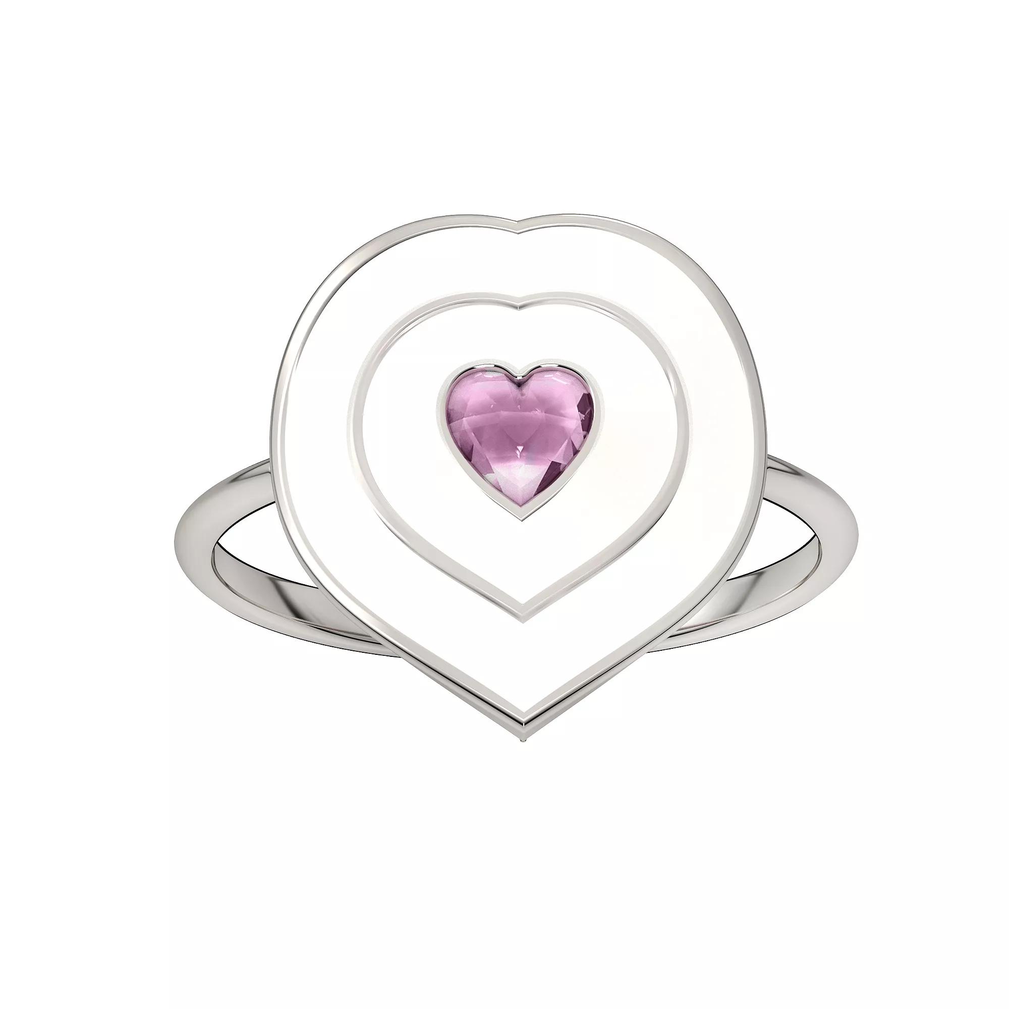 Sterling Silver Lab-Created Pink Sapphire & Enamel Heart Ring - Size 7, Women's Product Image