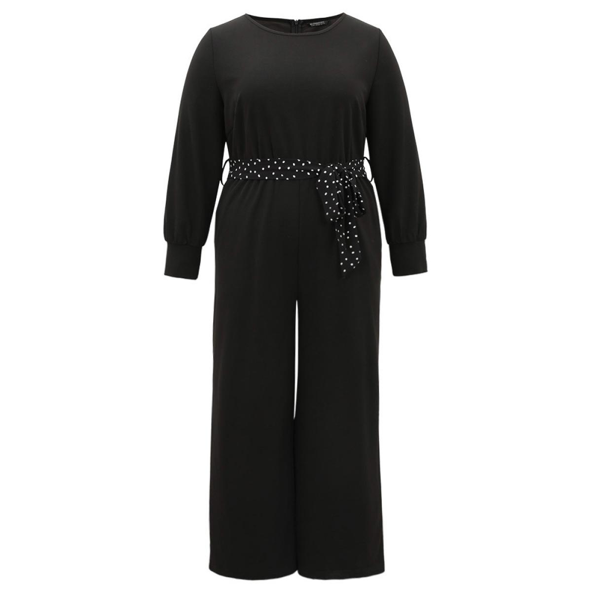 Plus Size Black Polka Dot Belted Pocket Elastic Waist Jumpsuit Women Casual Long Sleeve Round Neck Everyday Loose Jumpsuits BloomChic 14-16/1X Product Image