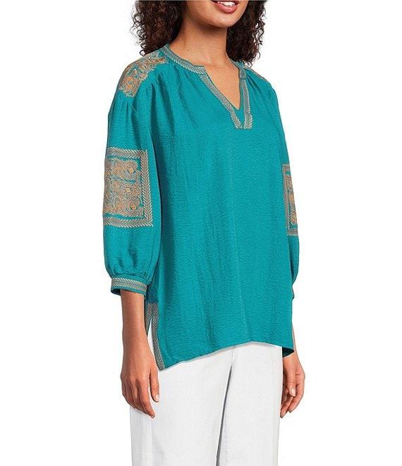 Calessa Petite Size Crinkle Textured Foulard Embroidered Split V-Neck 3/4 Sleeve Tunic Product Image