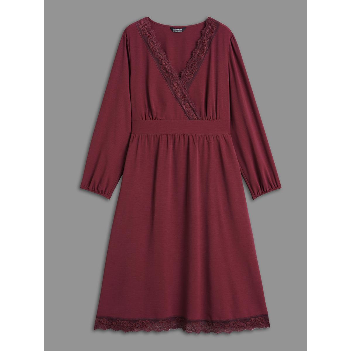 Plus Size Lace Detail Surplice Neckline Midi Dress Burgundy Women Elegant Woven ribbon&lace trim Overlap Collar Long Sleeve Curvy BloomChic 10/M Product Image